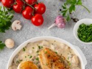 Пошаговый рецепт курицы с шампиньонами в сливках на сковороде