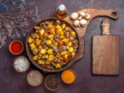 Мясо, картошка и грибы в духовке на протвине