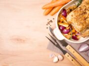 Курица с луком и грибами на сковороде